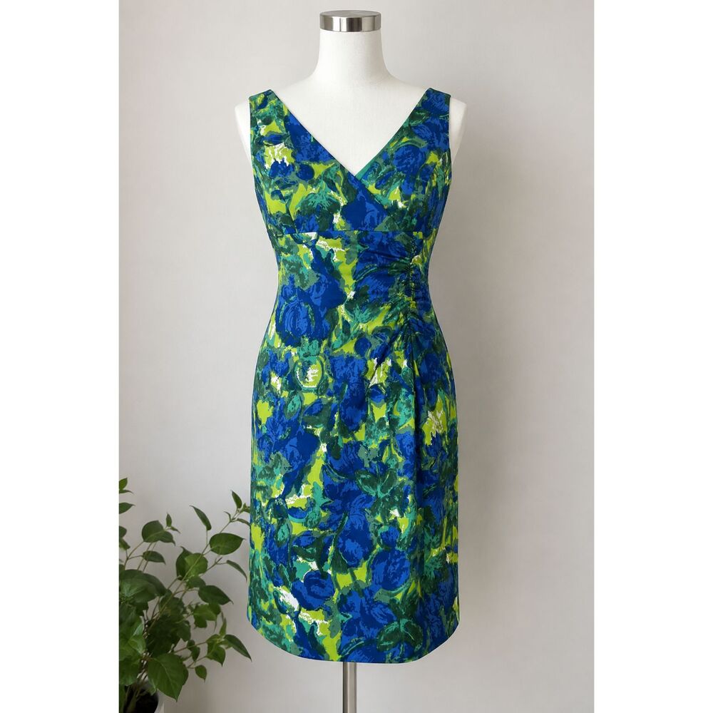 Donna Ricco 12P Floral Sheath Dress Petite Blue Green Ruched Sleeveless Midi